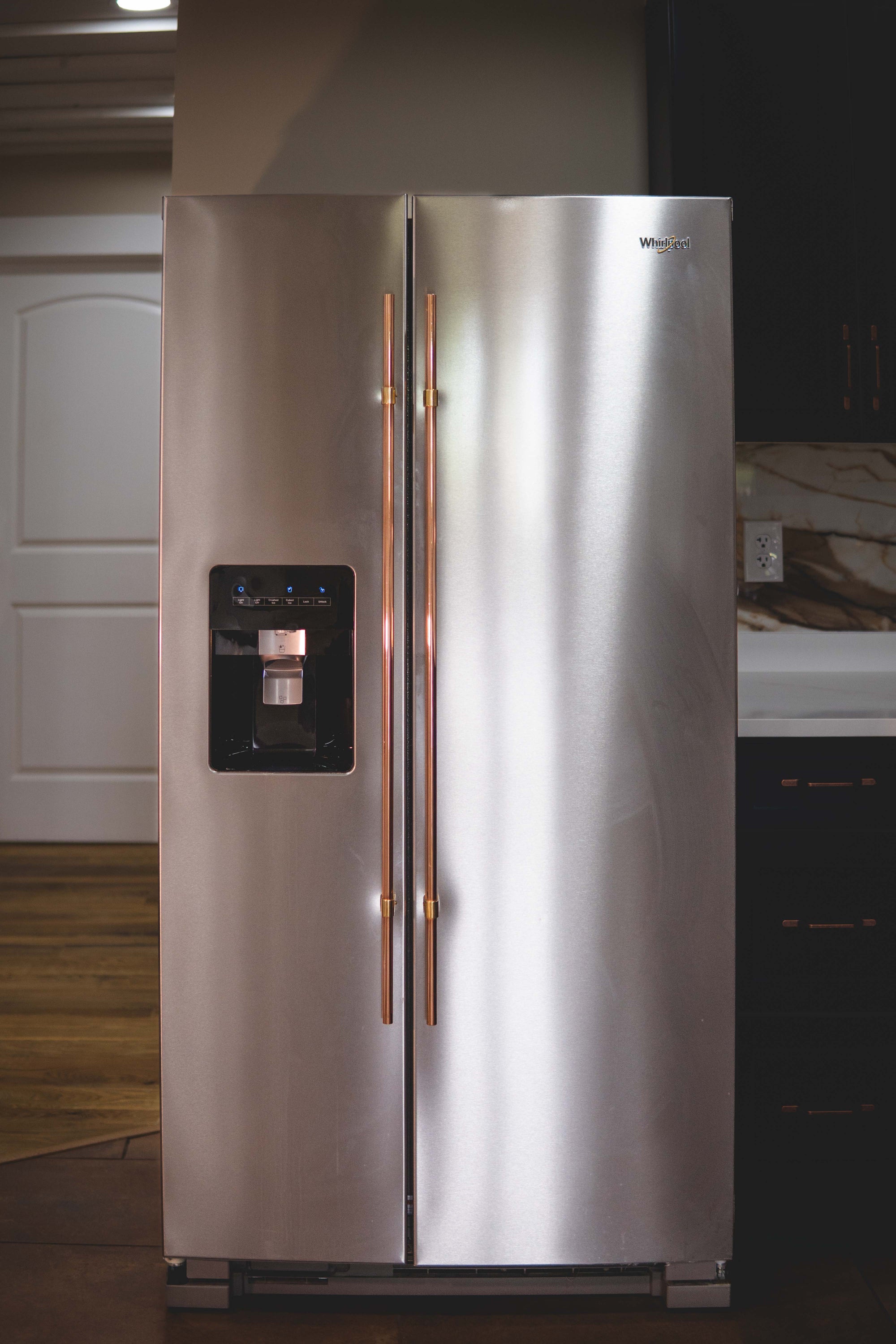 long brass and copper side by side refrigerator handle